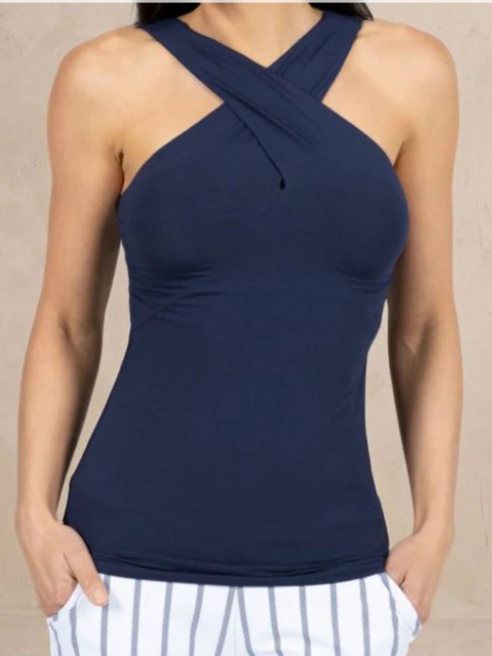 New Kiragrace Navy Blue Top Tank Cross-over Straps Stretch Tank